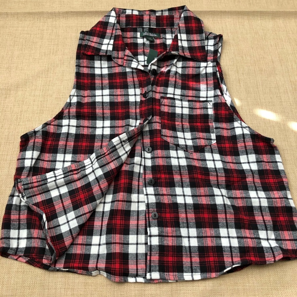 Red, Black & White Plaid Cotton Sleeveless Flannel Tank Top